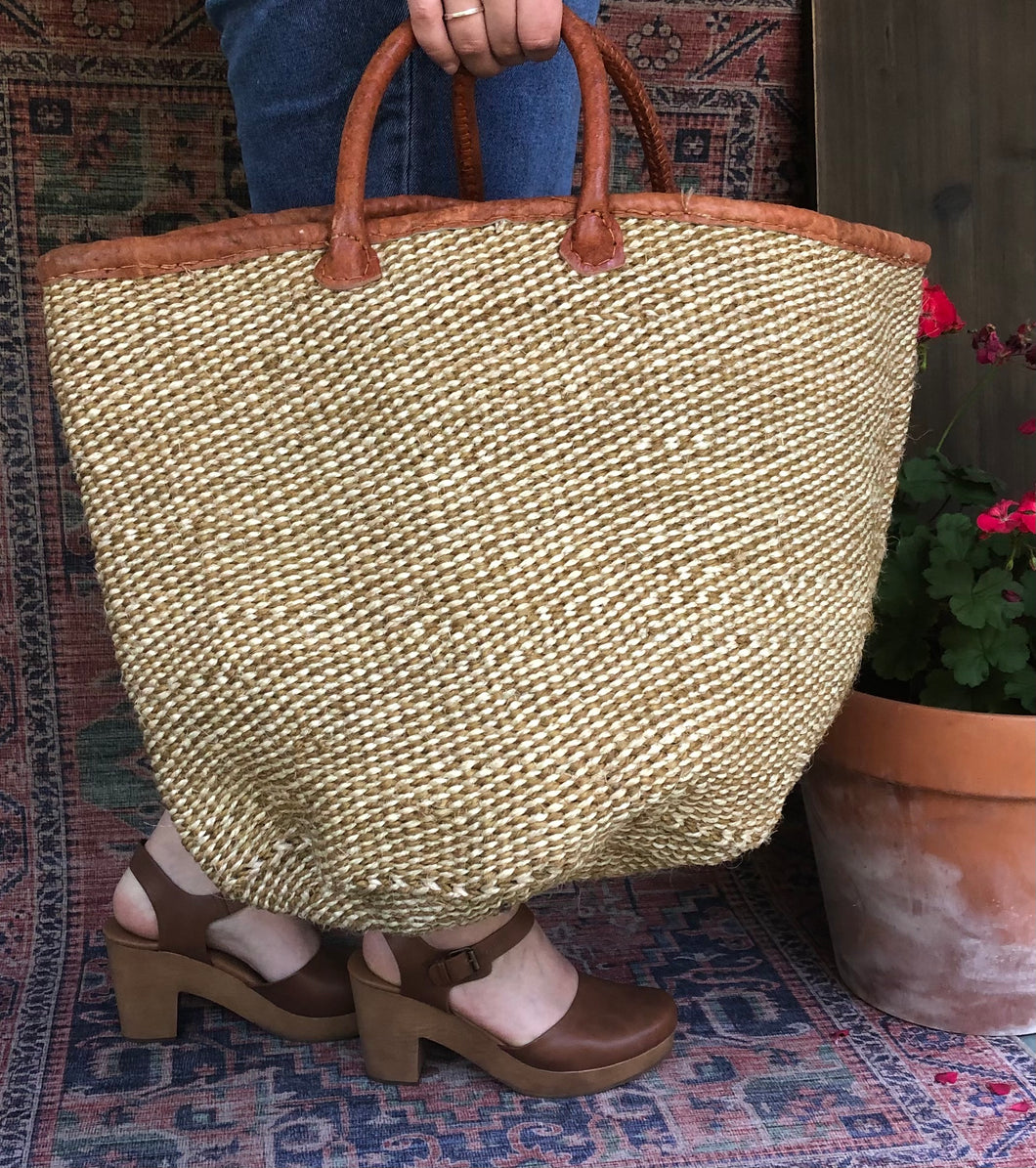 Sisal Woven Market Bag Leather Accents - Large