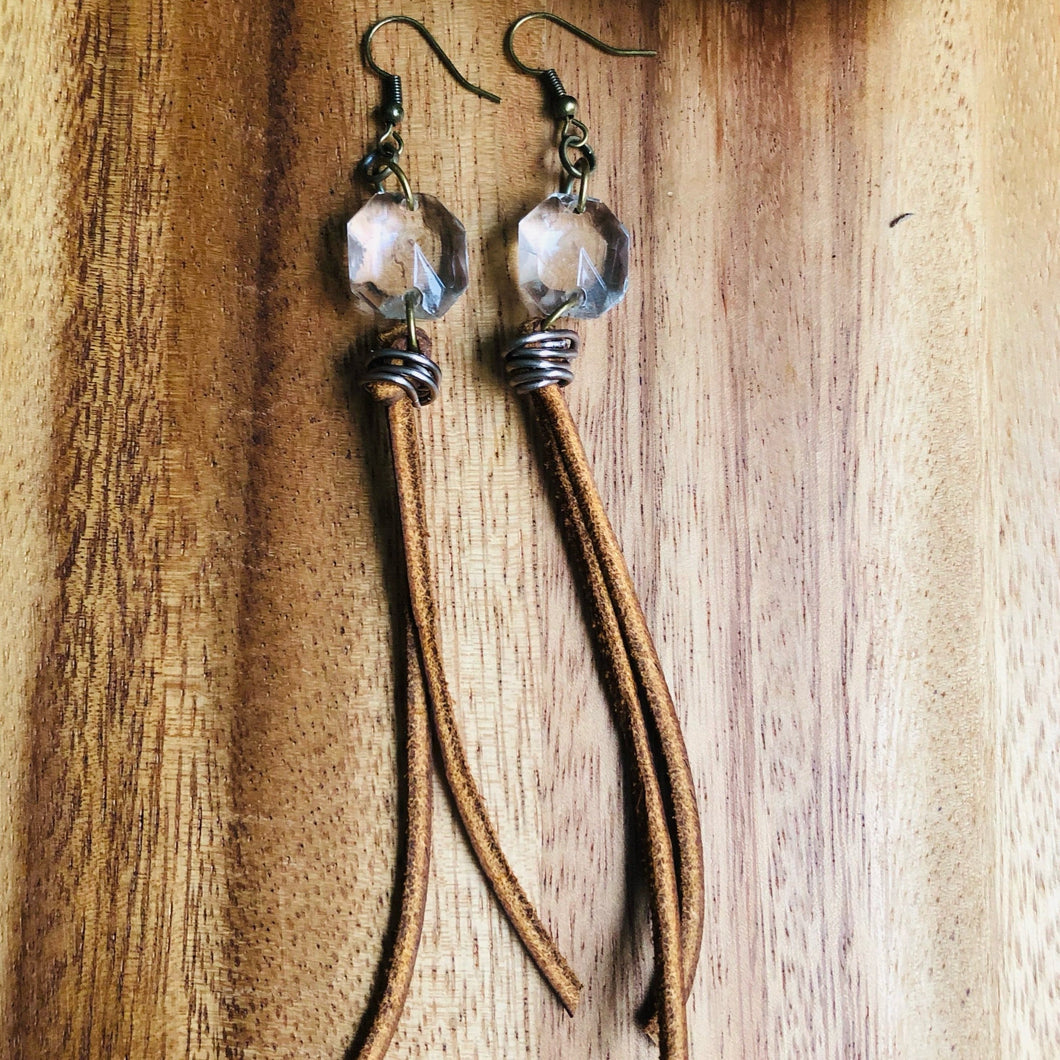 repurposed wire wrapped crystal leather earring