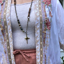 Load image into Gallery viewer, Hammered Brass Cross Leather Link Necklace Amber Beads
